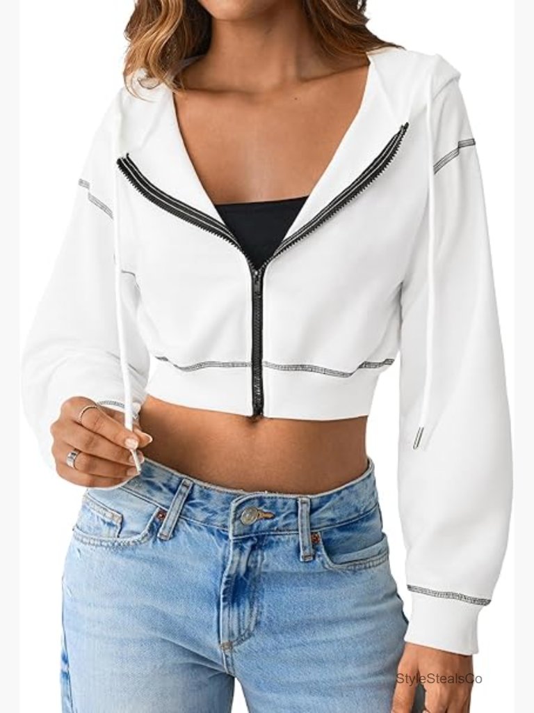 Cropped Zip Up Hoodie Sweatshirt Long Sleeve Casual Contrast Trim Trendy Y2k